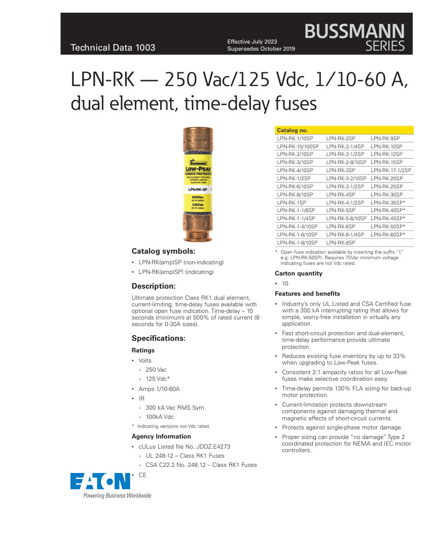 Bussmann LPN-RK-1/10SP cut sheet — first page