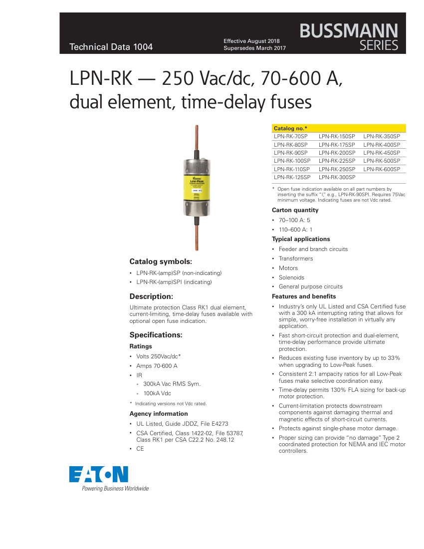 Bussmann LPN-RK-70SP cut sheet — first page