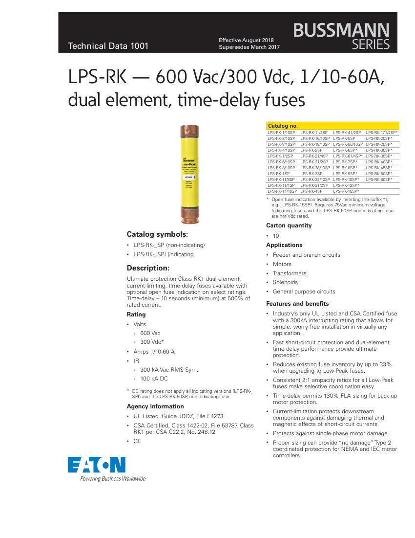 Bussmann LPS-RK-1/10SP cut sheet — first page