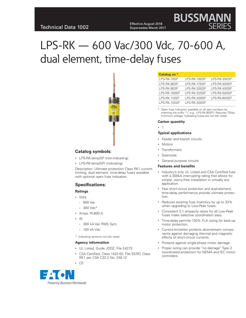 Bussmann LPS-RK-70SP cut sheet — first page
