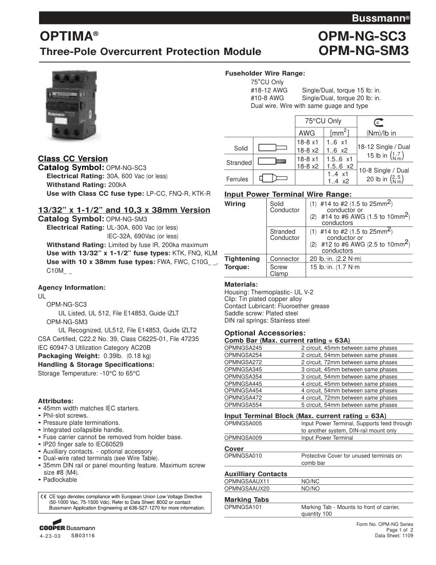 Bussmann OPM-NG-SC3 cut sheet — first page