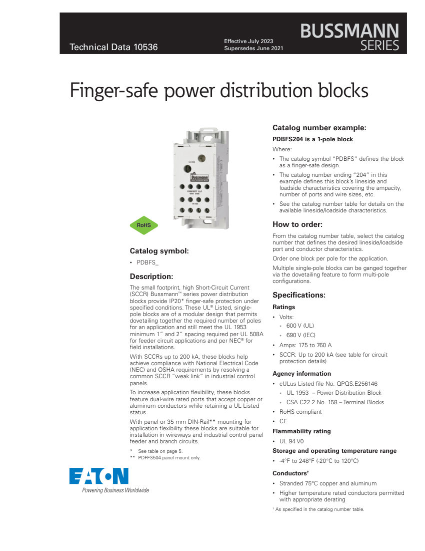 Bussmann PDBFS204 cut sheet — first page