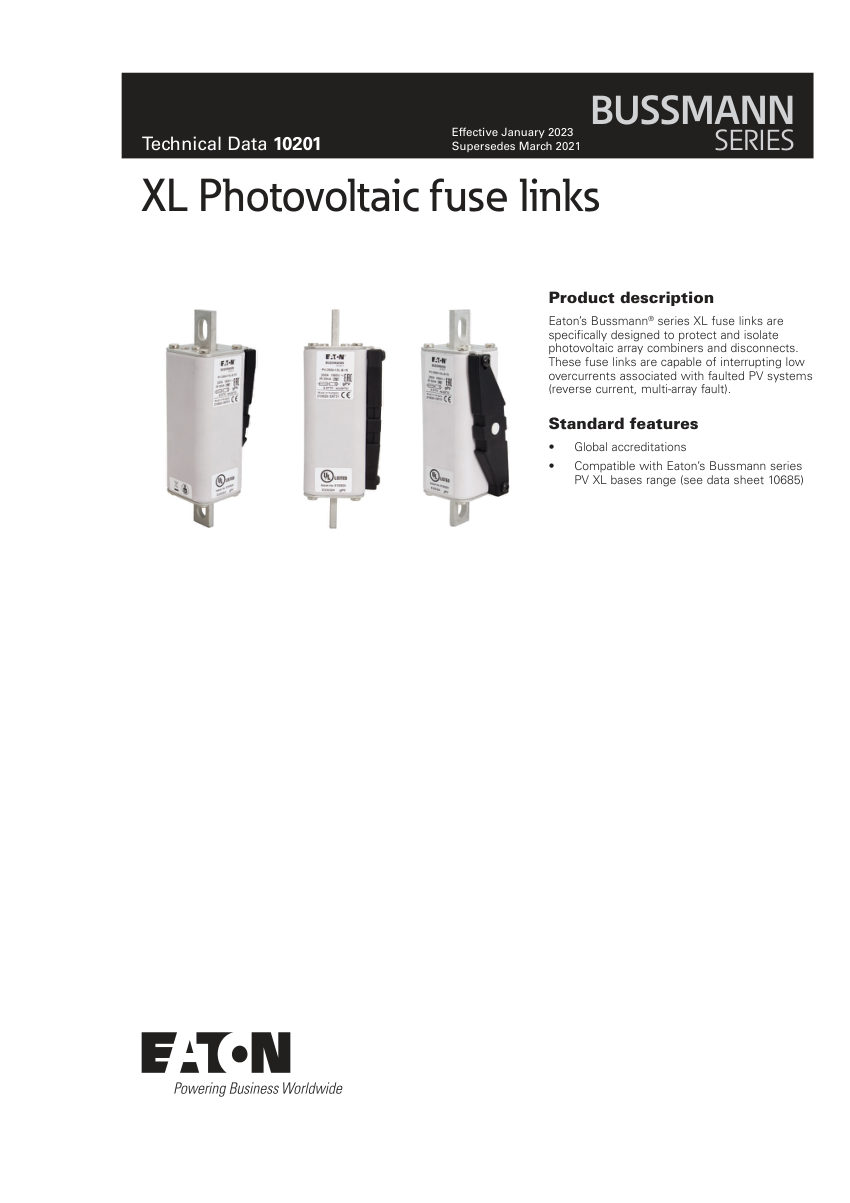 Bussmann PV-63A-01XL cut sheet — first page