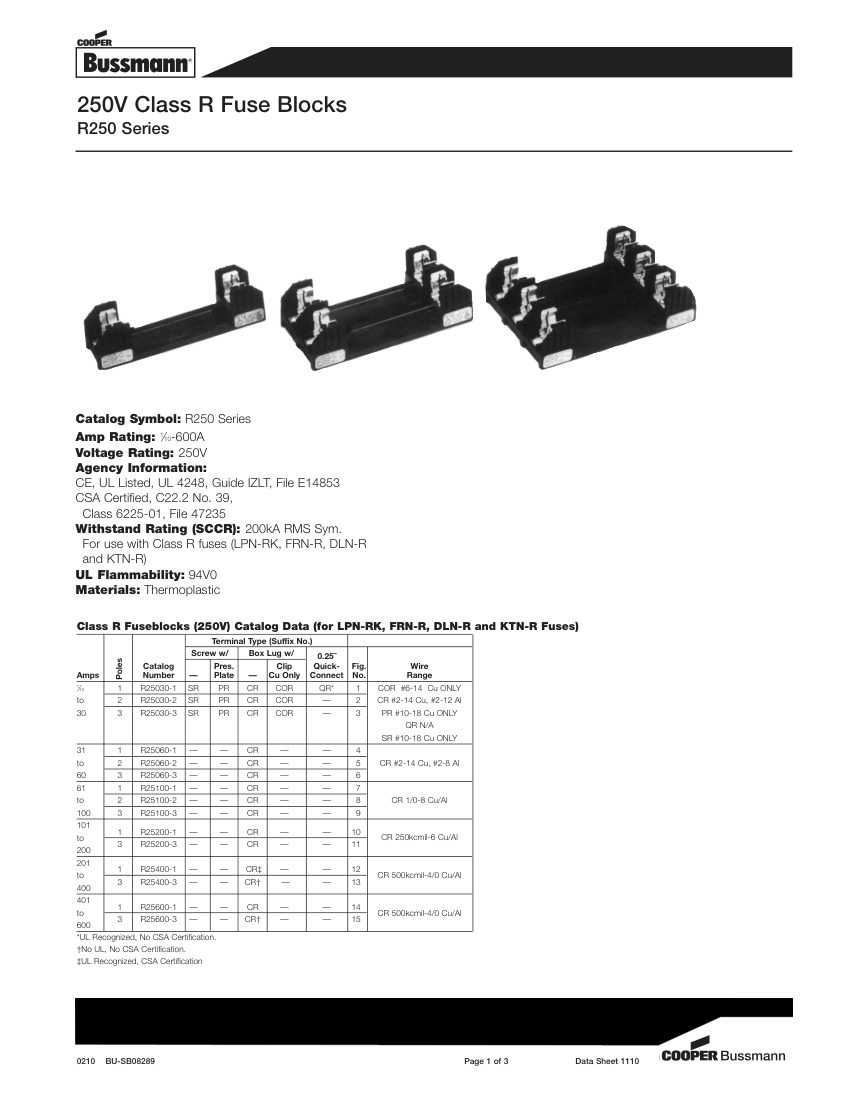 Bussmann R250 cut sheet — first page