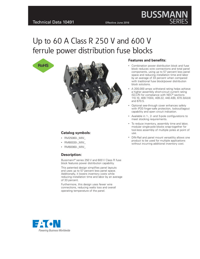 Bussmann RM25060 cut sheet — first page