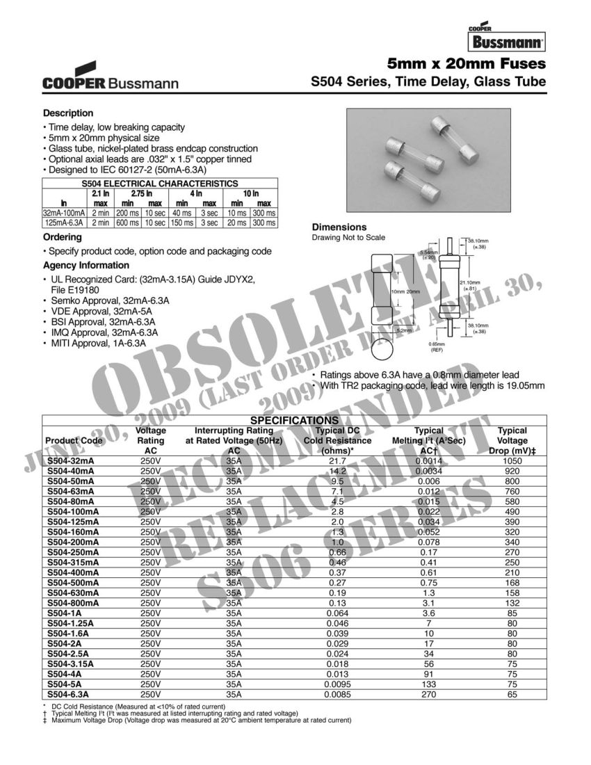 Bussmann S504 cut sheet — first page