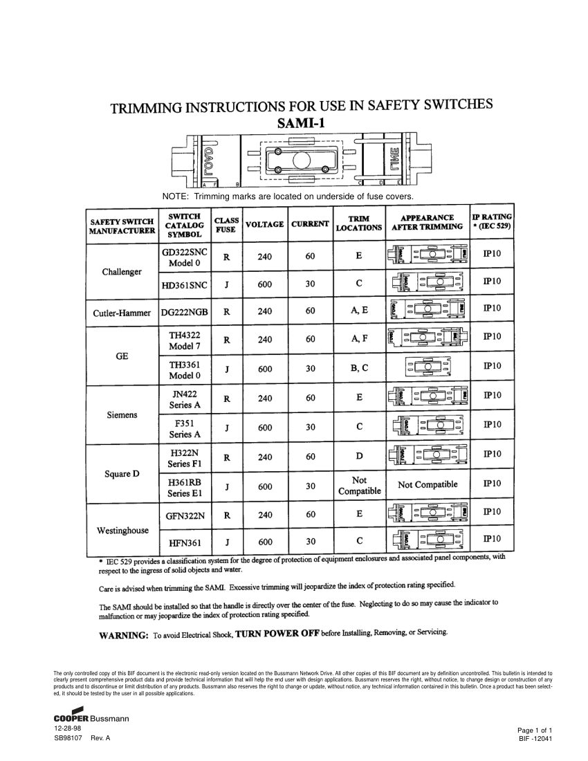 Bussmann SAMI-1 cut sheet — first page