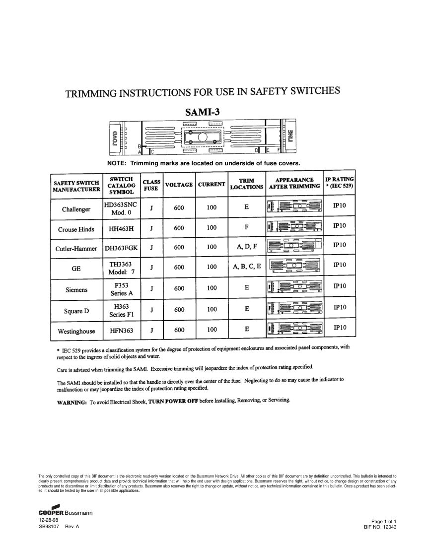 Bussmann SAMI-3 cut sheet — first page