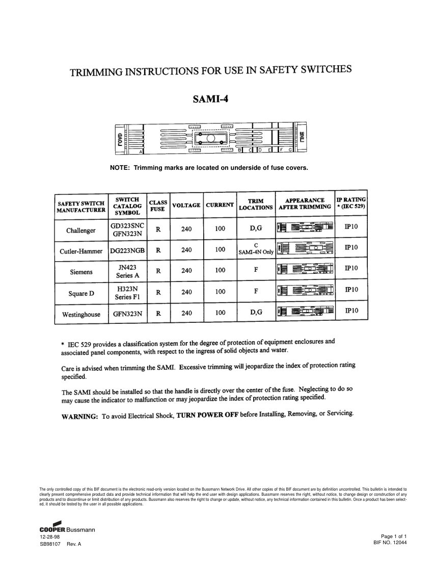 Bussmann SAMI-4 cut sheet — first page