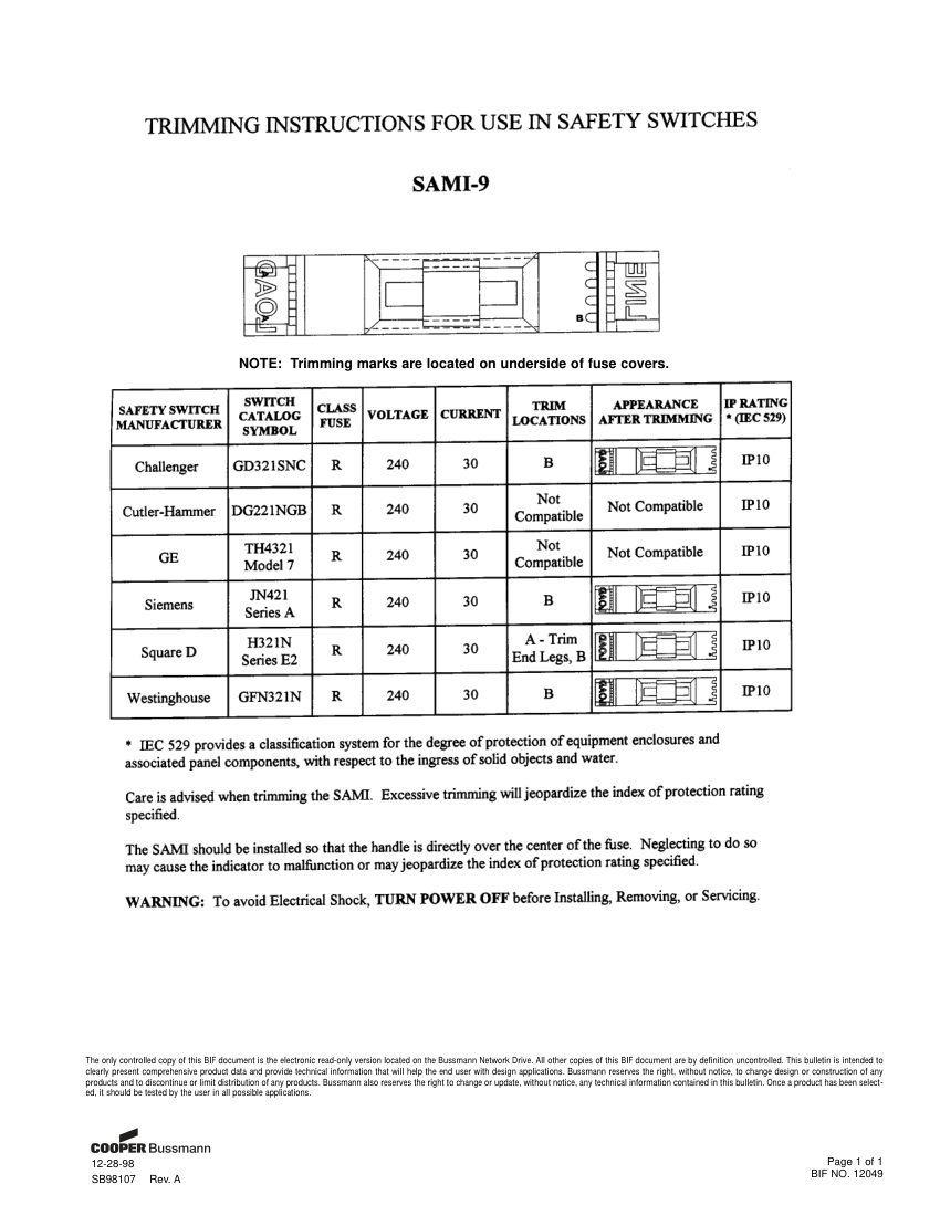 Bussmann SAMI-9 cut sheet — first page
