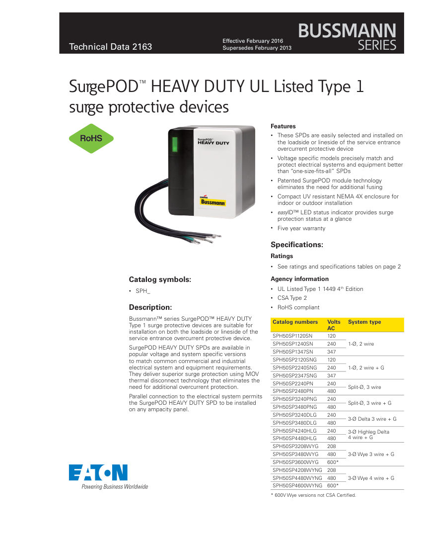 Bussmann SPH50SP cut sheet — first page