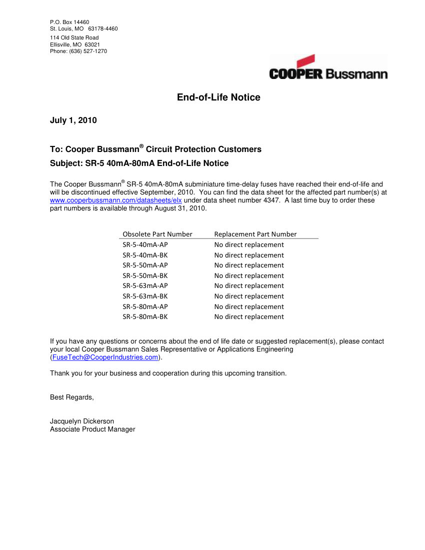 Bussmann SR-5 cut sheet — first page