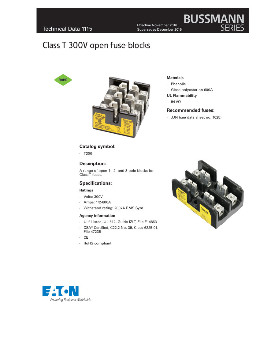 Bussmann T300 cut sheet — first page