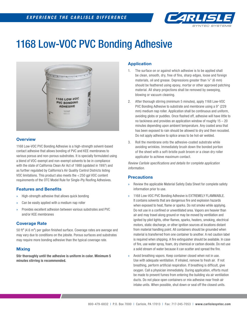 Carlisle SynTec 1168 Low-VOC PVC Bonding Adhesive cut sheet — first page
