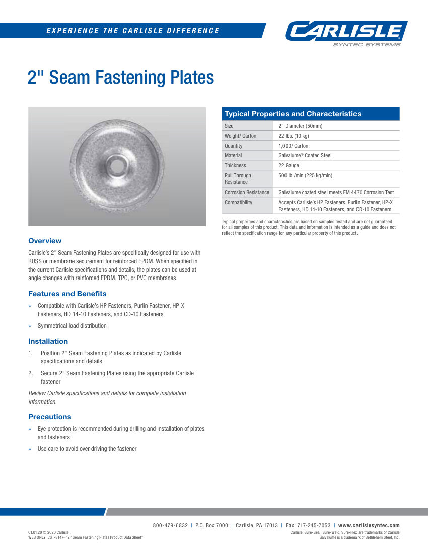 Carlisle SynTec 2" Seam Fastening Plates cut sheet — first page