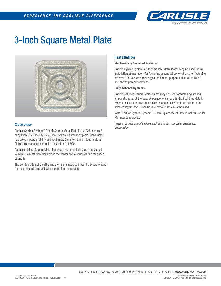 Carlisle SynTec 3-Inch Square Metal Plate cut sheet — first page