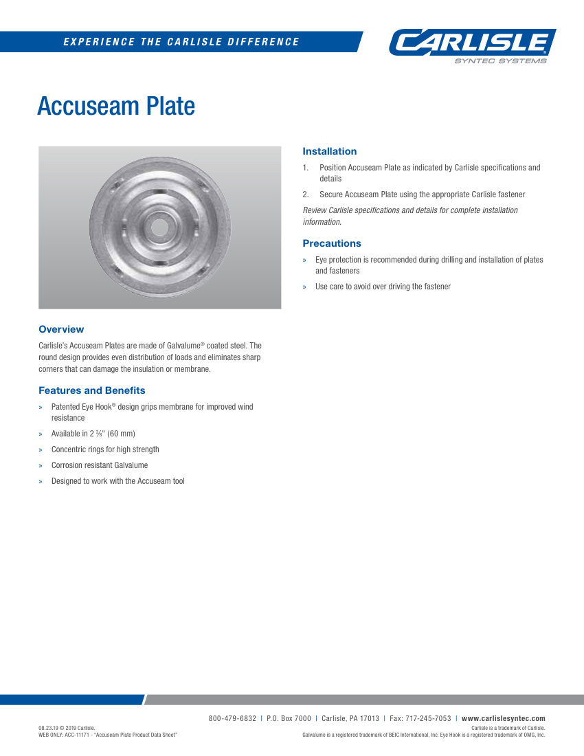 Carlisle SynTec Accuseam Plate cut sheet — first page