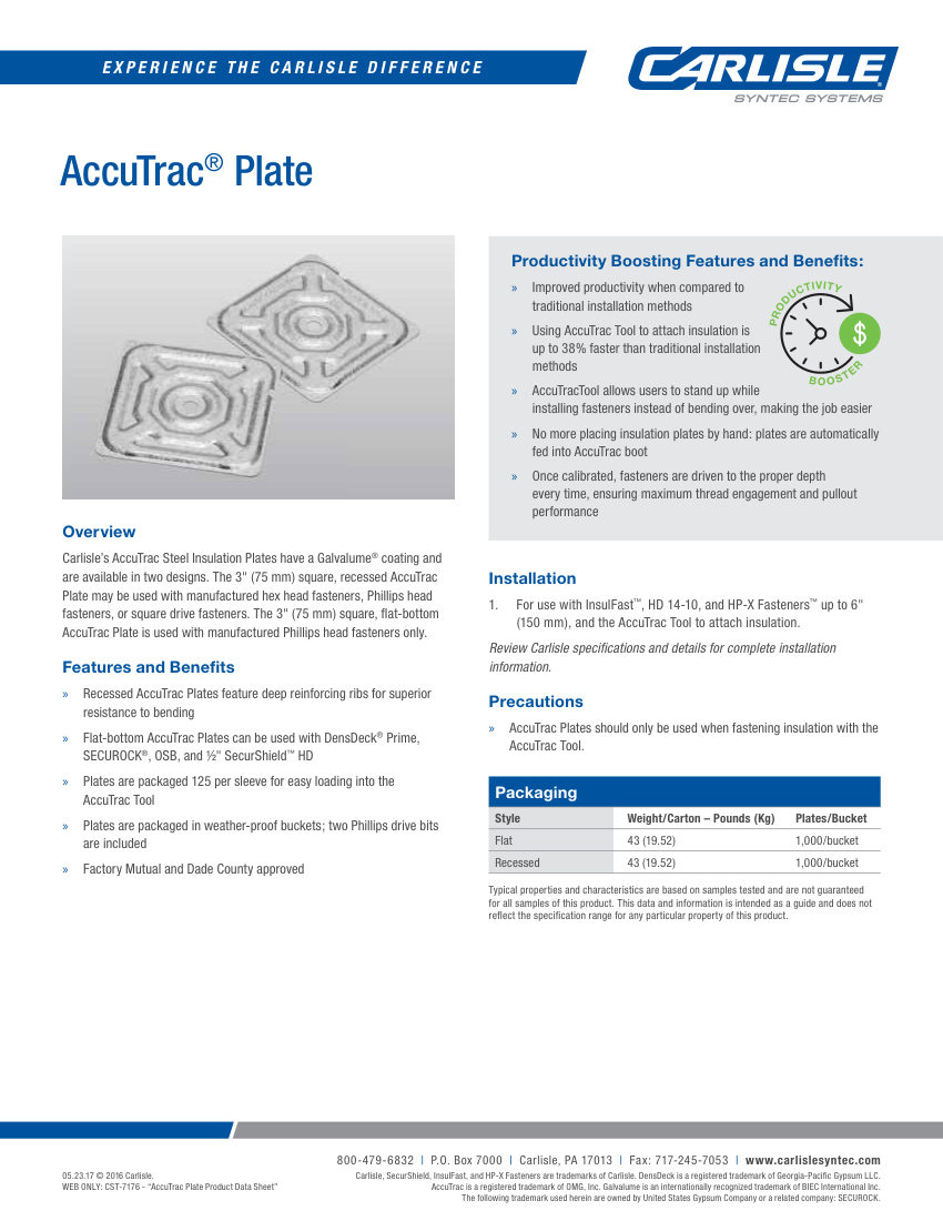 Carlisle SynTec AccuTrac Insulation Plate cut sheet — first page