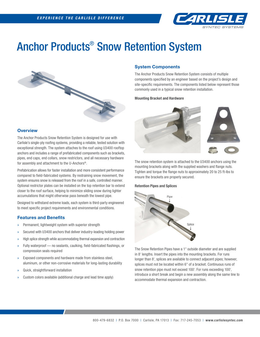Carlisle SynTec Anchor Products Snow Retention System cut sheet — first page