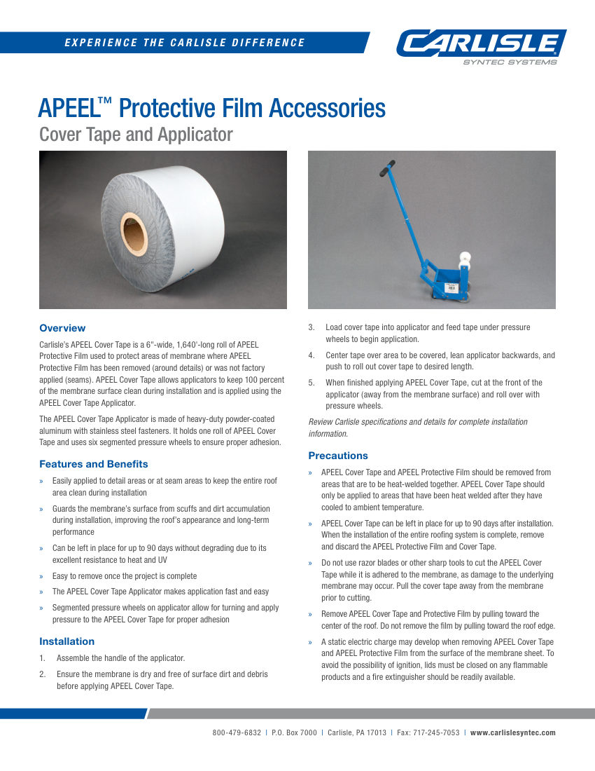 Carlisle SynTec APEEL Cover Tape and Applicator cut sheet — first page