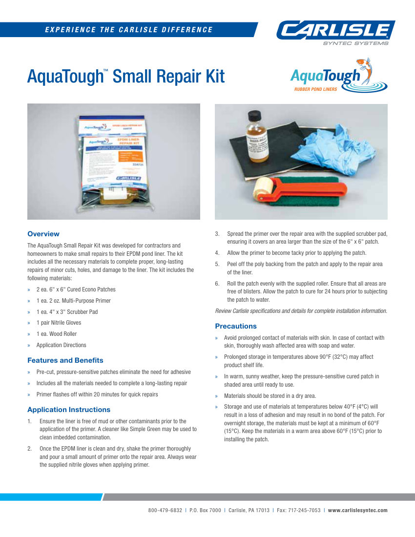 Carlisle SynTec AquaTough™ Small Repair Kit cut sheet — first page