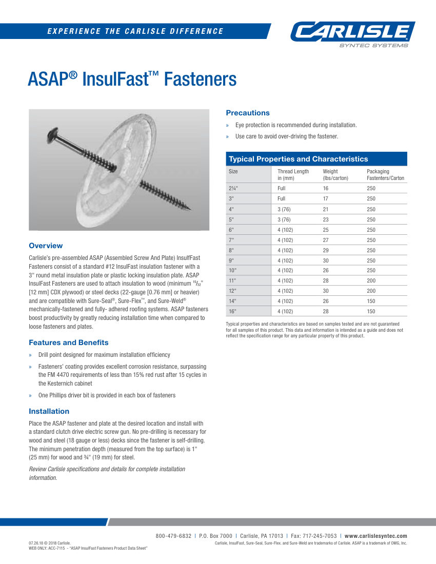 Carlisle SynTec ASAP InsulFast Fasteners cut sheet — first page