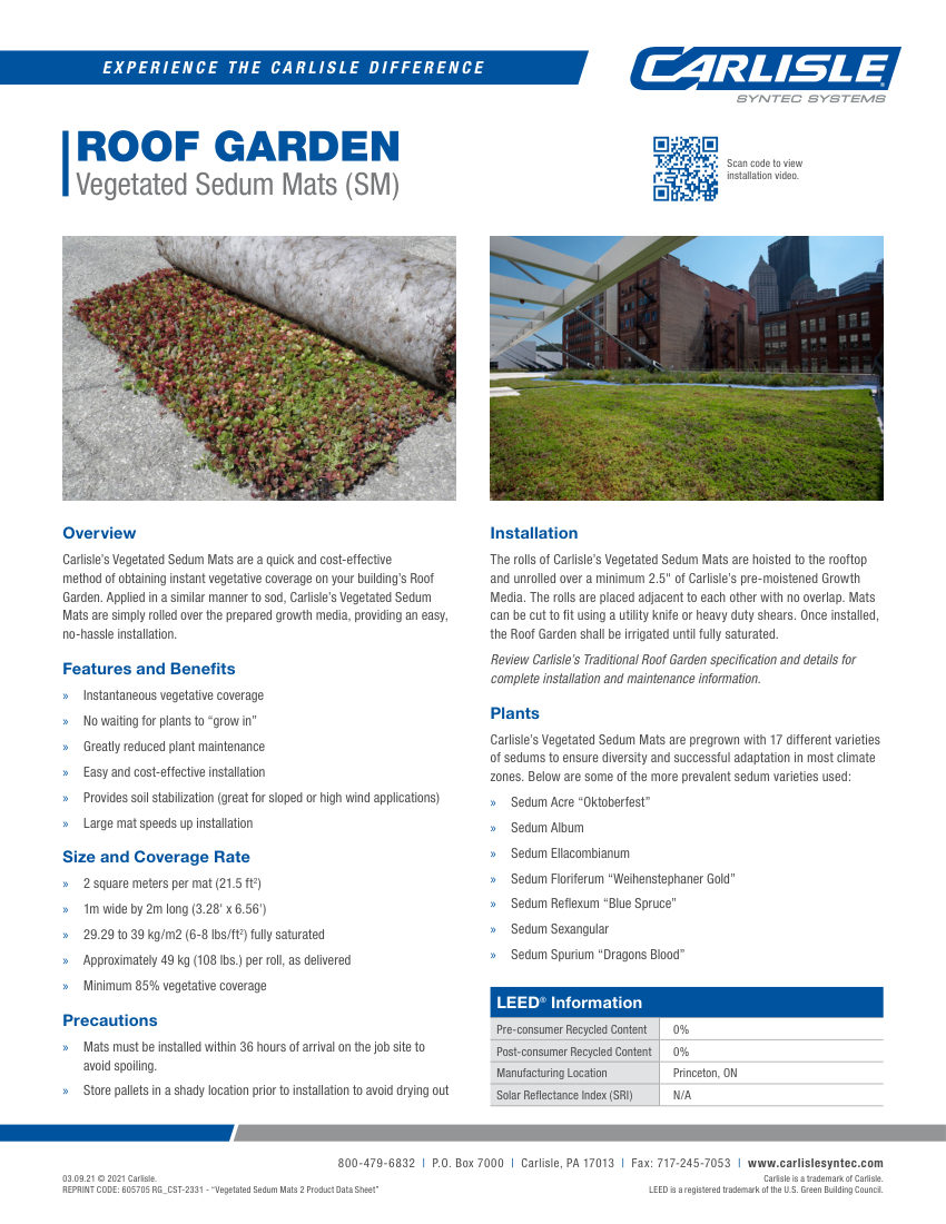 Carlisle SynTec Canada Roof Garden Vegetated Sedum Mats 2 (SM) cut sheet — first page