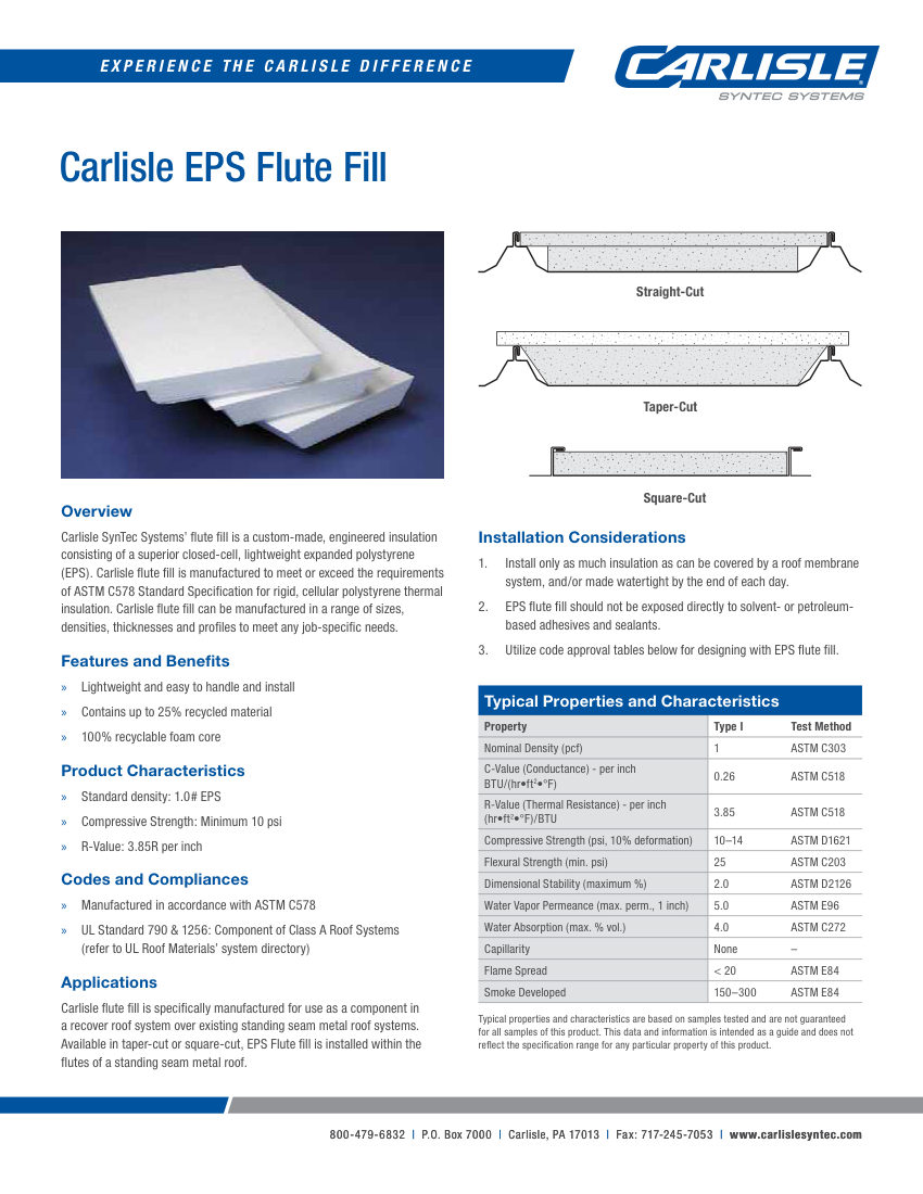 Carlisle SynTec Carlisle EPS Flute Fill cut sheet — first page