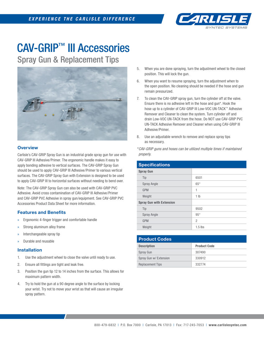 Carlisle SynTec CAV-GRIP III Accessories cut sheet — first page