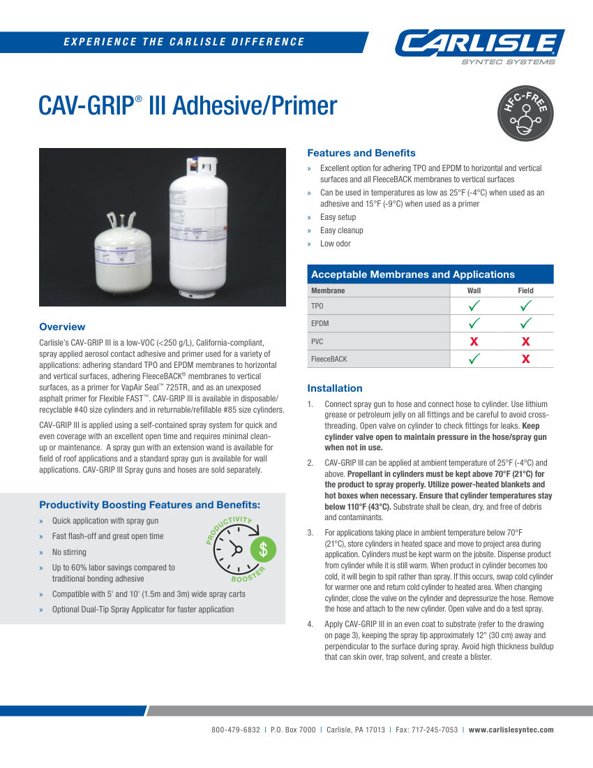 Carlisle SynTec CAV-GRIP III Adhesive / Primer cut sheet — first page
