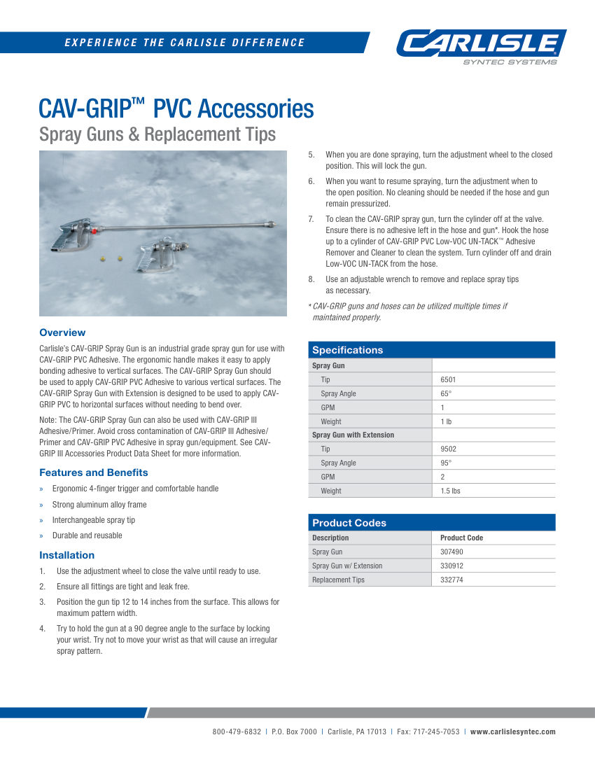 Carlisle SynTec CAV-GRIP PVC Adhesive Accessories cut sheet — first page