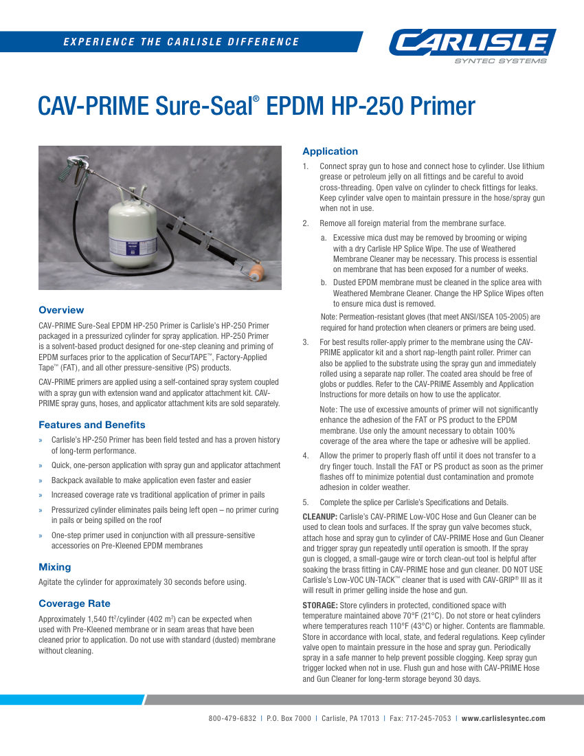 Carlisle SynTec CAV-PRIME Sure-Seal HP-250 Primer cut sheet — first page