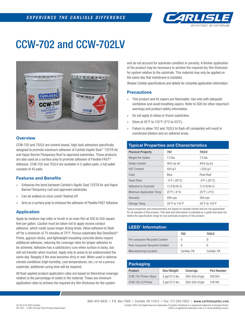 Carlisle SynTec CCW-702 and 702LV cut sheet — first page