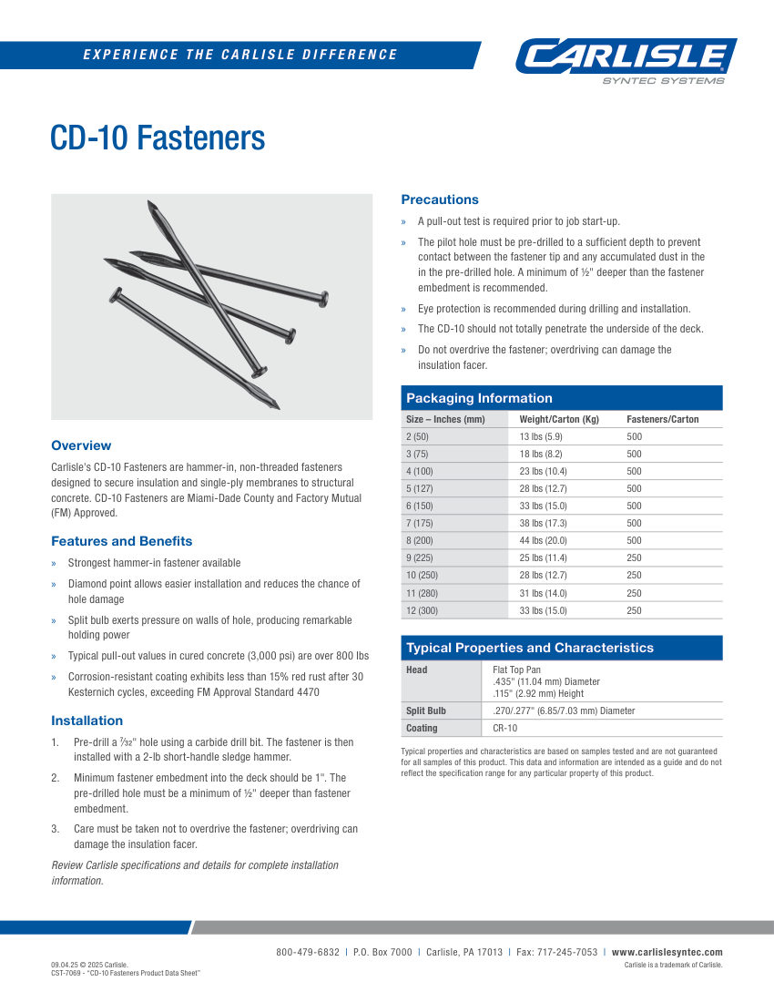Carlisle SynTec CD-10 Concrete Fastener cut sheet — first page