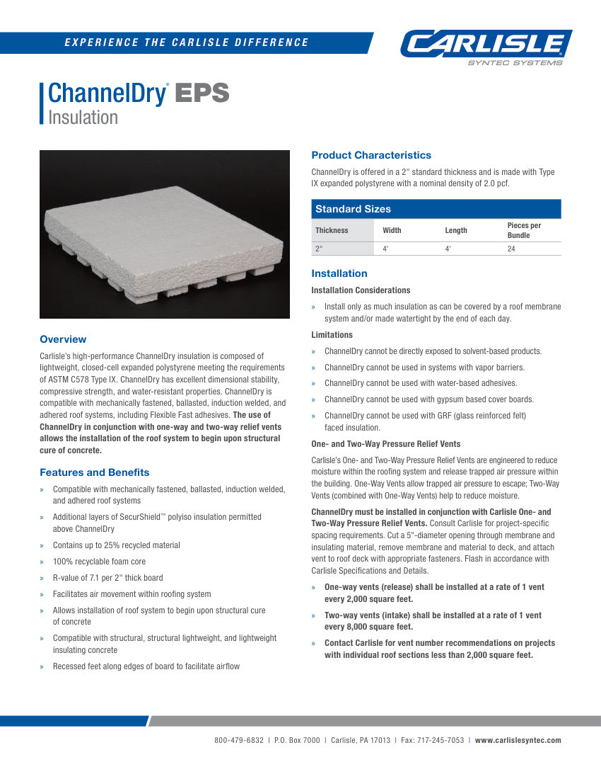 Carlisle SynTec ChannelDry EPS Insulation cut sheet — first page