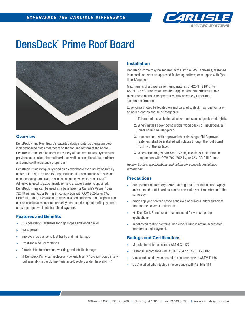 Carlisle SynTec DensDeck Prime Roof Board cut sheet — first page