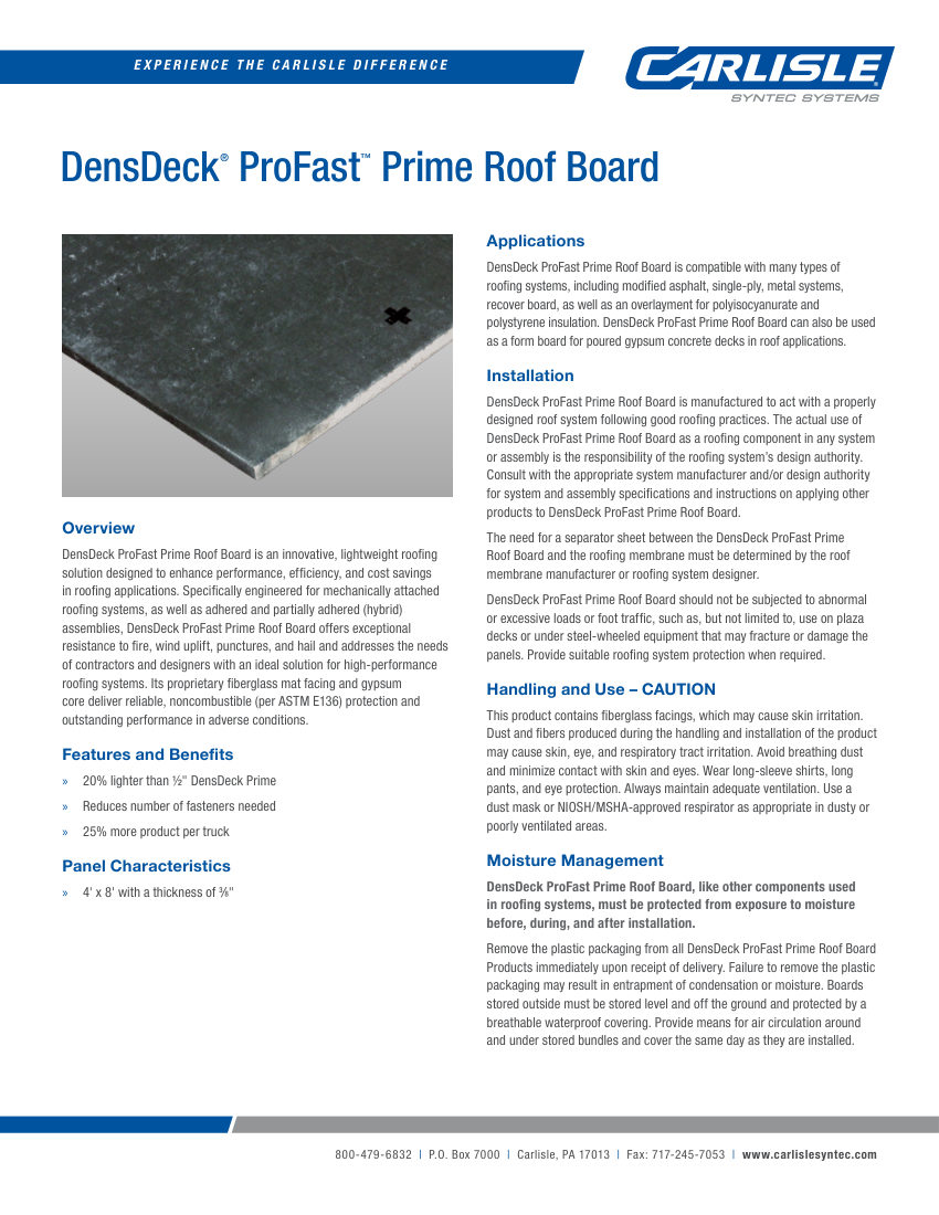 Carlisle SynTec DensDeck ProFast Prime Roof Board cut sheet — first page