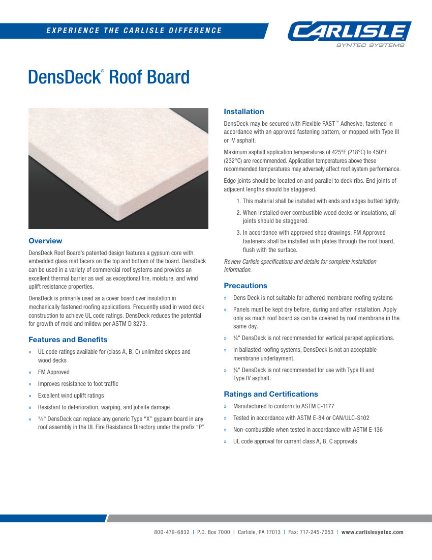 Carlisle SynTec DensDeck Roof Board cut sheet — first page
