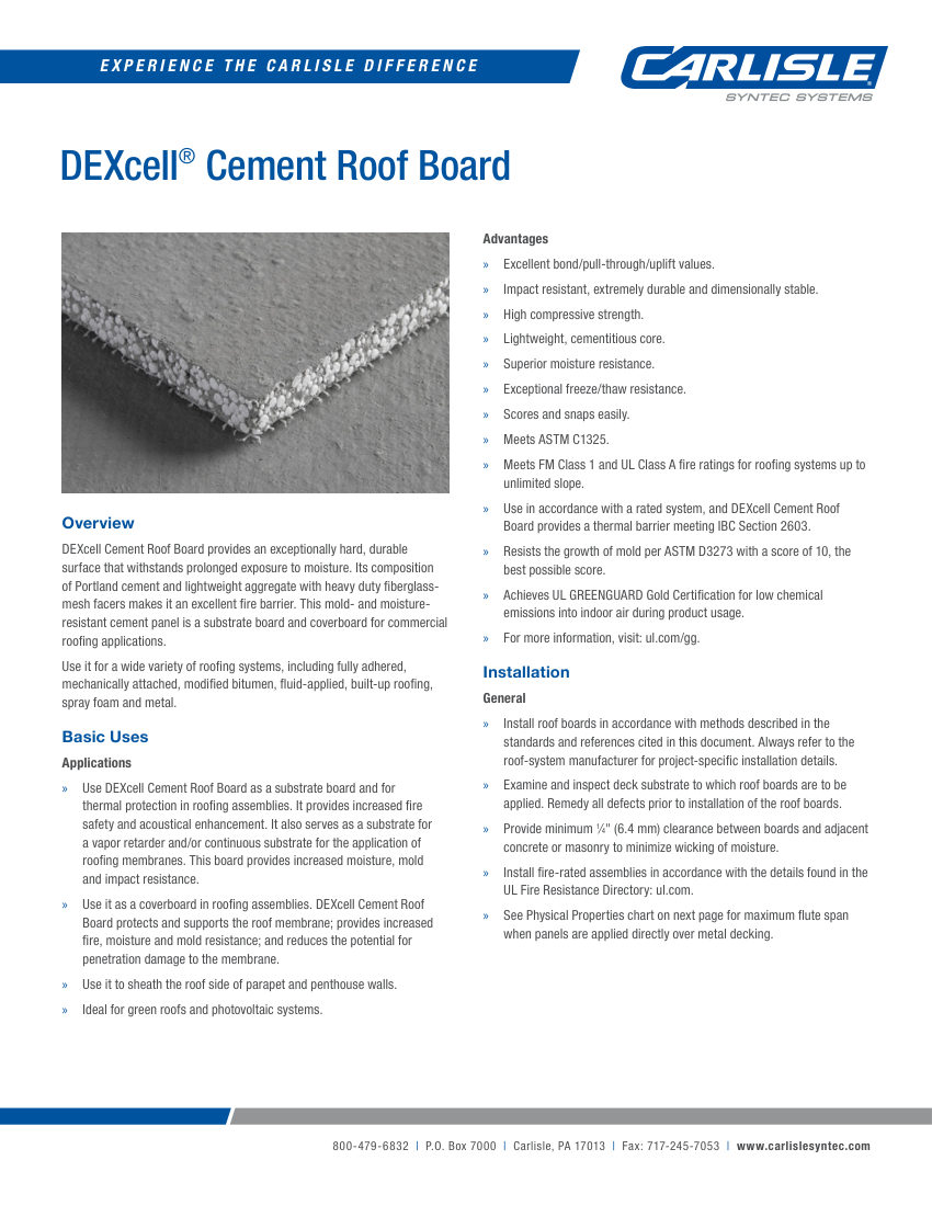 Carlisle SynTec DEXcell Cement Roof Board cut sheet — first page