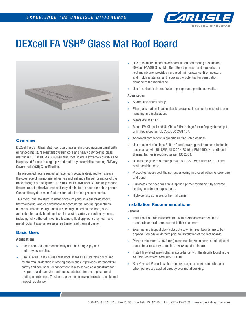 Carlisle SynTec DEXcell FA VSH® Glass Mat Roof Board cut sheet — first page