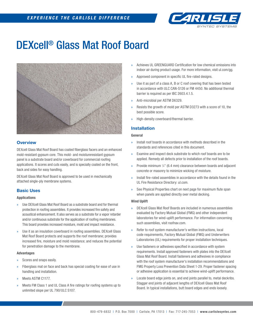 Carlisle SynTec DEXcell Glass Mat Roof Board cut sheet — first page