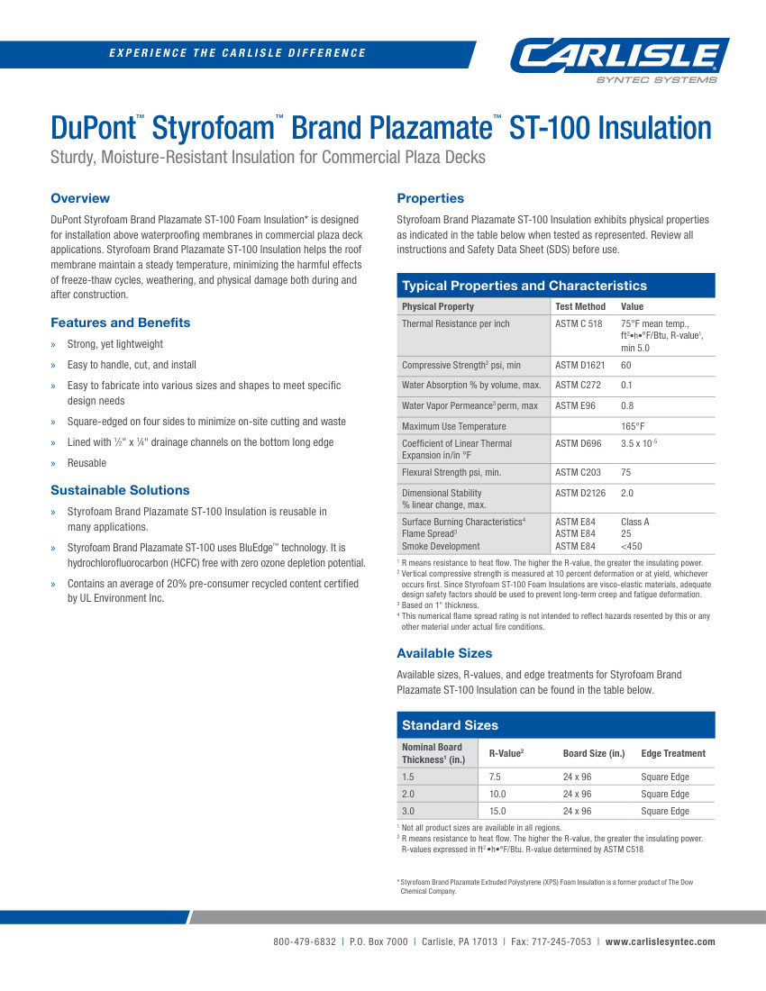 Carlisle SynTec DuPont™ Styrofoam™ Brand Plazamate™ ST-100 Insulation cut sheet — first page