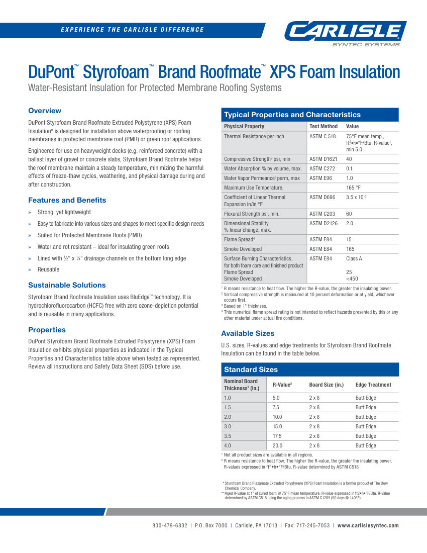 Carlisle SynTec DuPont™ Styrofoam™ Brand Roofmate™ XPS Foam Insulation cut sheet — first page