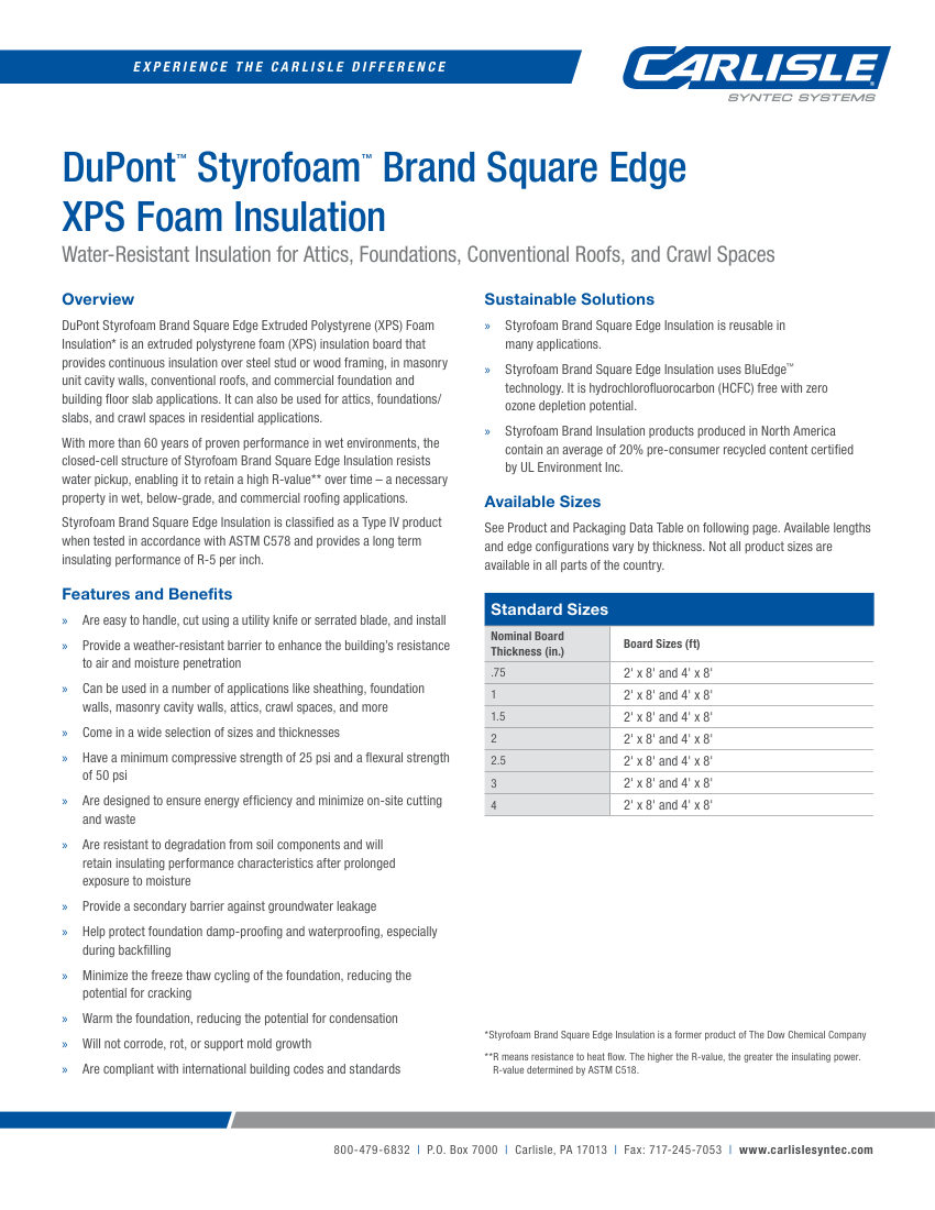 Carlisle SynTec DuPont™ Styrofoam™ Brand Square Edge XPS Foam Insulation cut sheet — first page