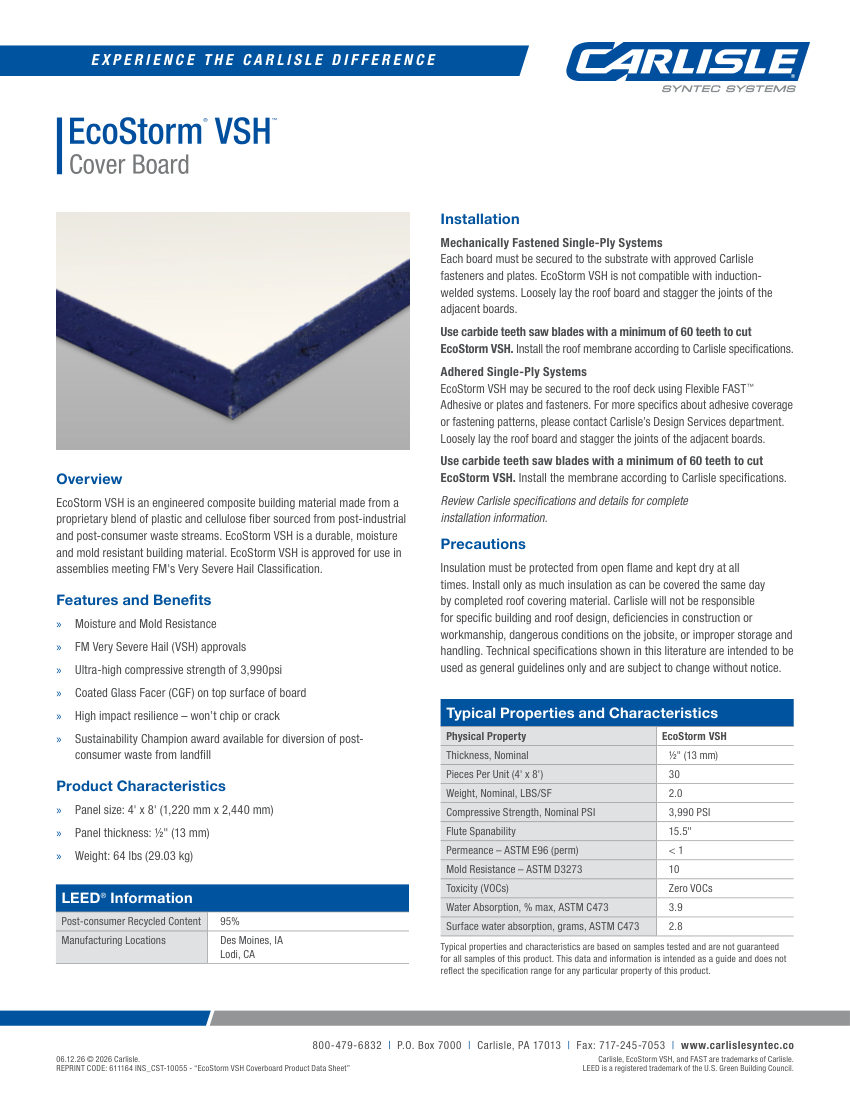 Carlisle SynTec EcoStorm VSH Cover Board cut sheet — first page