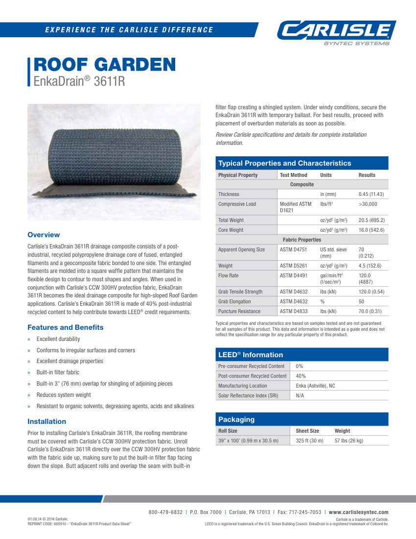 Carlisle SynTec EnkaDrain 3611R cut sheet — first page