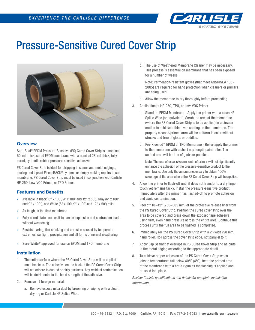 Carlisle SynTec EPDM Pressure-Sensitive Cured Cover Strip cut sheet — first page