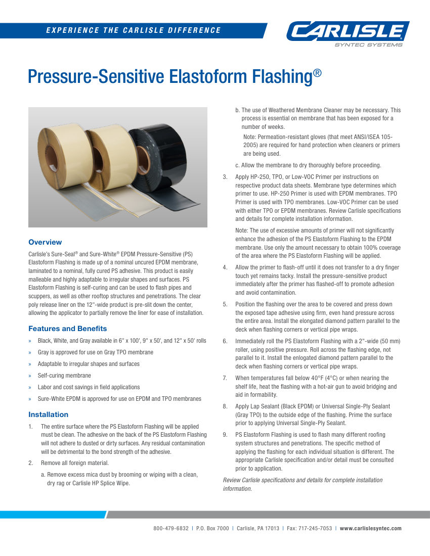 Carlisle SynTec EPDM Pressure-Sensitive Elastoform Flashing cut sheet — first page