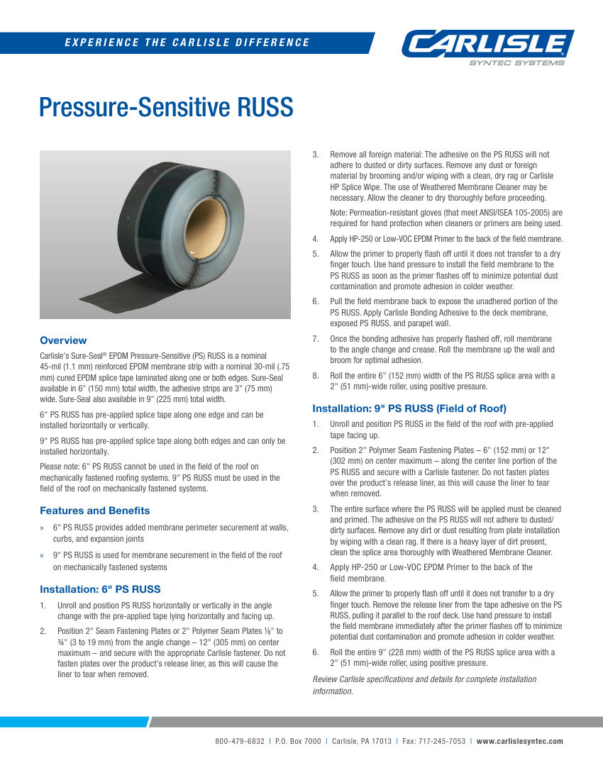 Carlisle SynTec EPDM Pressure-Sensitive RUSS cut sheet — first page