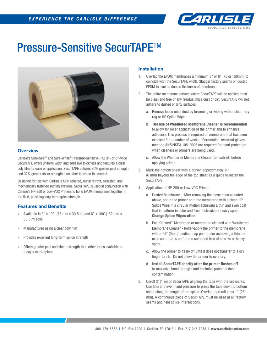 Carlisle SynTec EPDM Pressure-Sensitive SecurTAPE cut sheet — first page